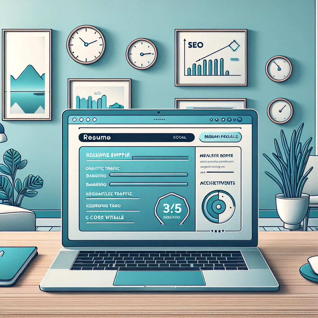 Illustration of an SEO resume dashboard showing a bold headline, concise summary, and key metrics.