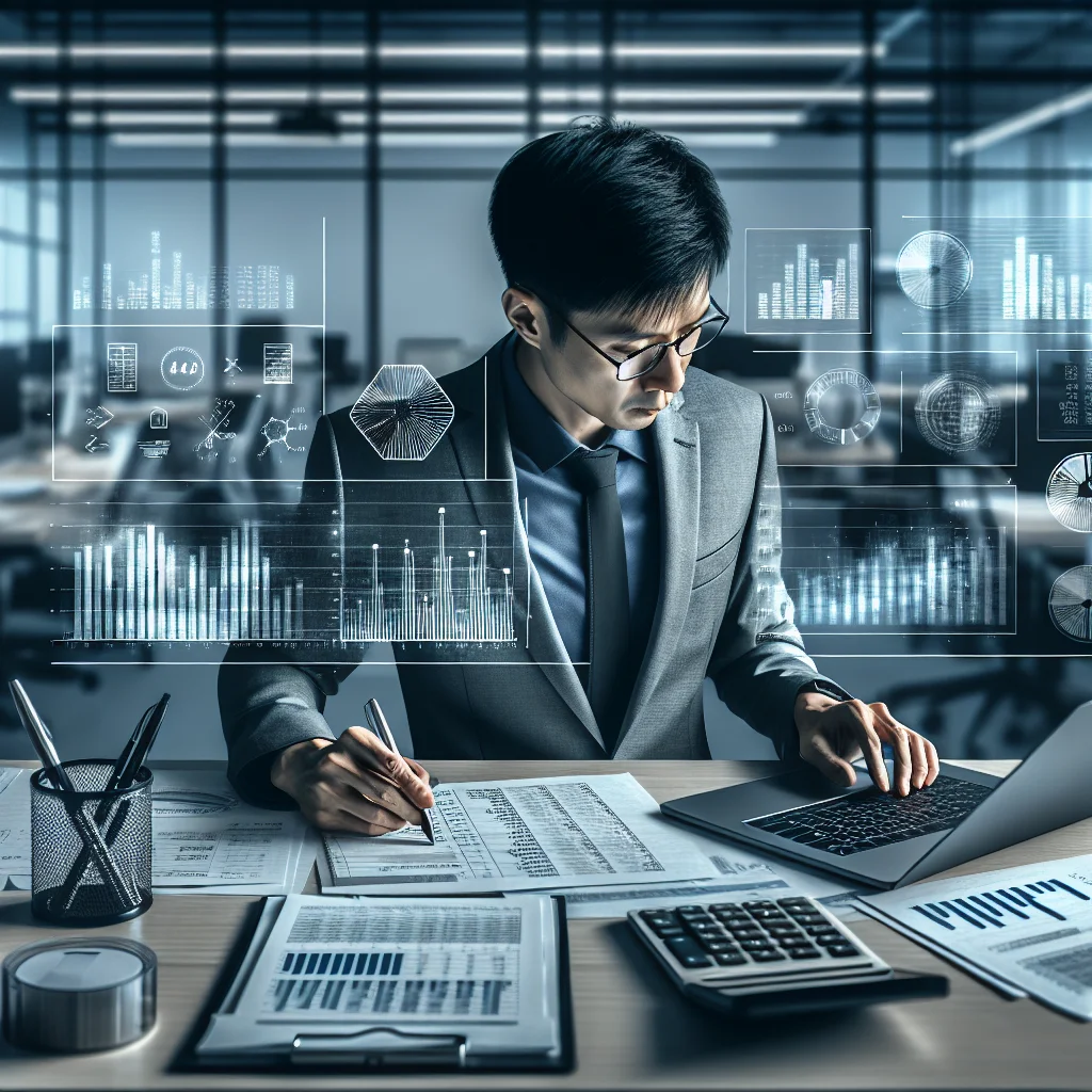 Professional accountant working on financial reports with laptop and charts