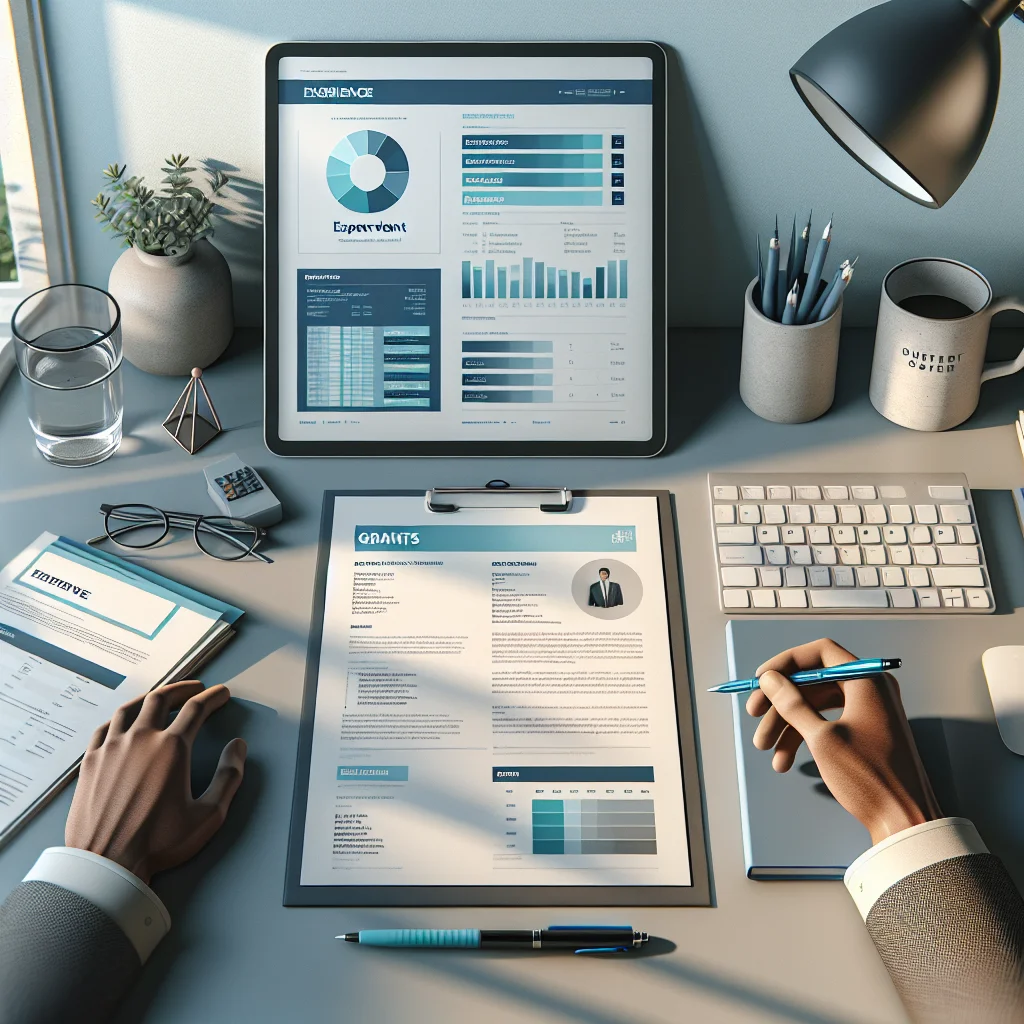 Professional grant administrator reviewing a resume with charts and funding figures on a clipboard