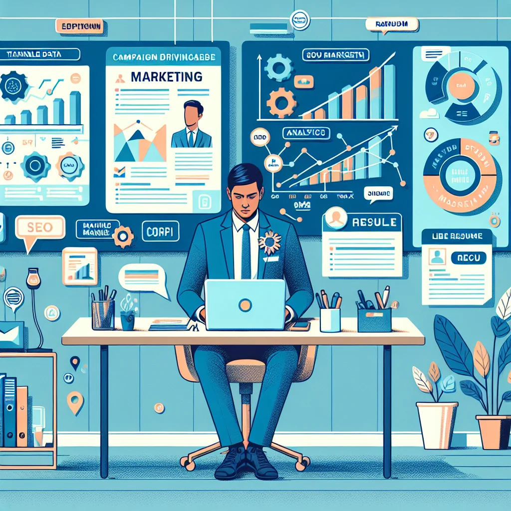 Marketing manager writing a resume with data charts and campaign plans