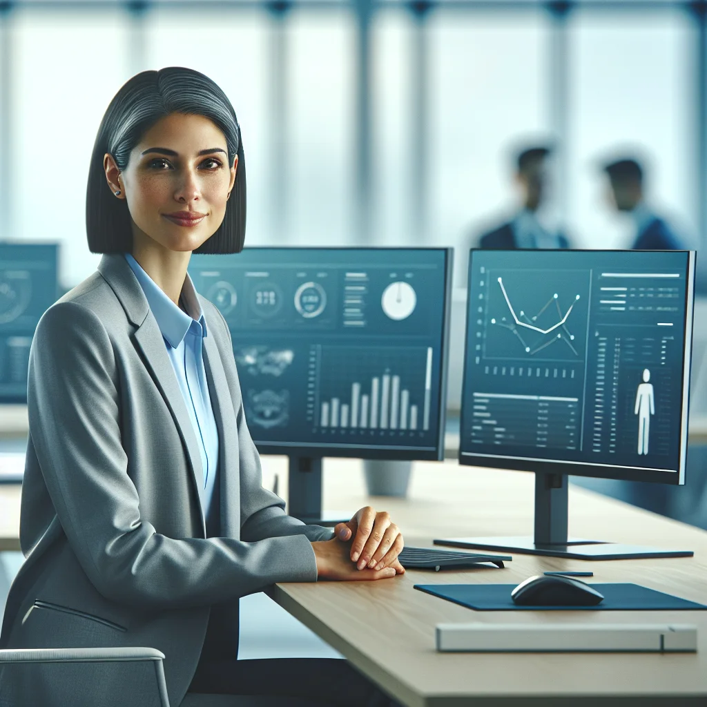 Illustration of a data-driven IT compliance analyst reviewing dashboards and policy checklists in a modern office.