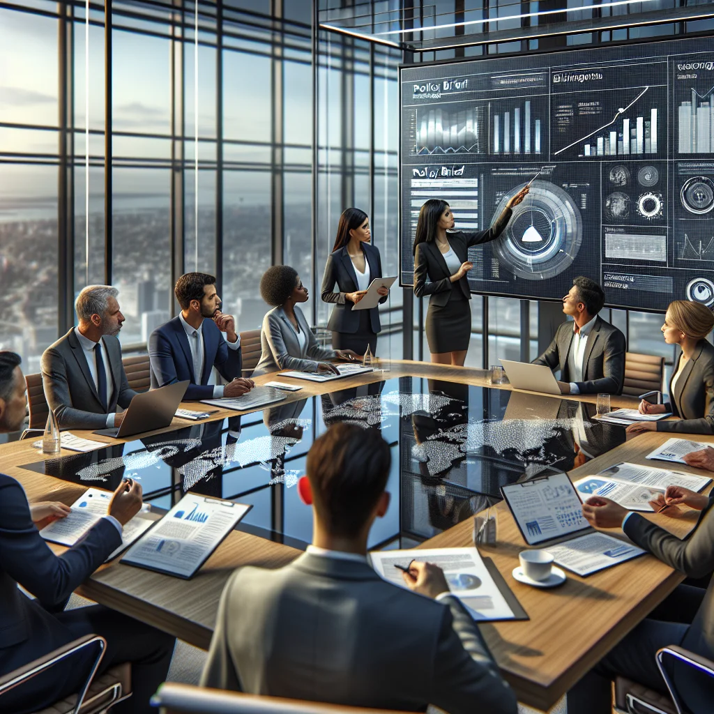 A team of policy analysts reviewing data dashboards and briefing notes to shape evidence-based policy.