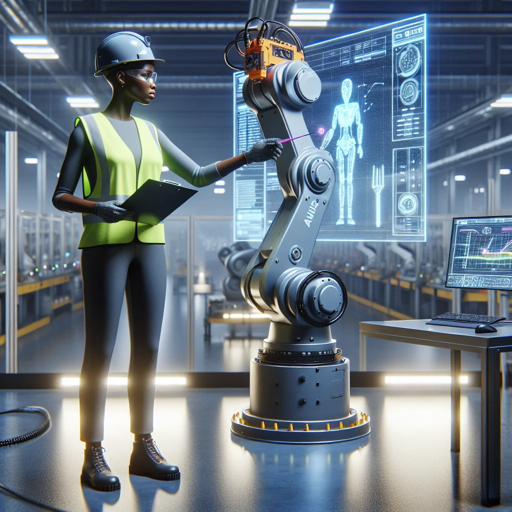 Robotics technician workspace with a robotic arm calibration in progress and technicians reviewing control panels to reflect automation skills.