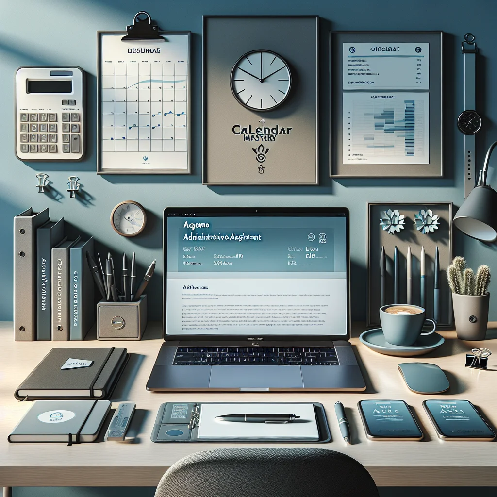 A tidy desk with a laptop showing a resume, highlighting headlines and metrics for an administrative assistant.