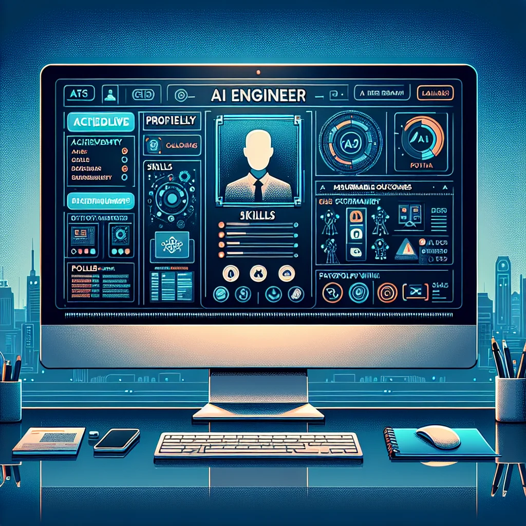 Illustration showing an AI engineer resume layout with highlighted headlines, quantified achievements, and a link to a portfolio