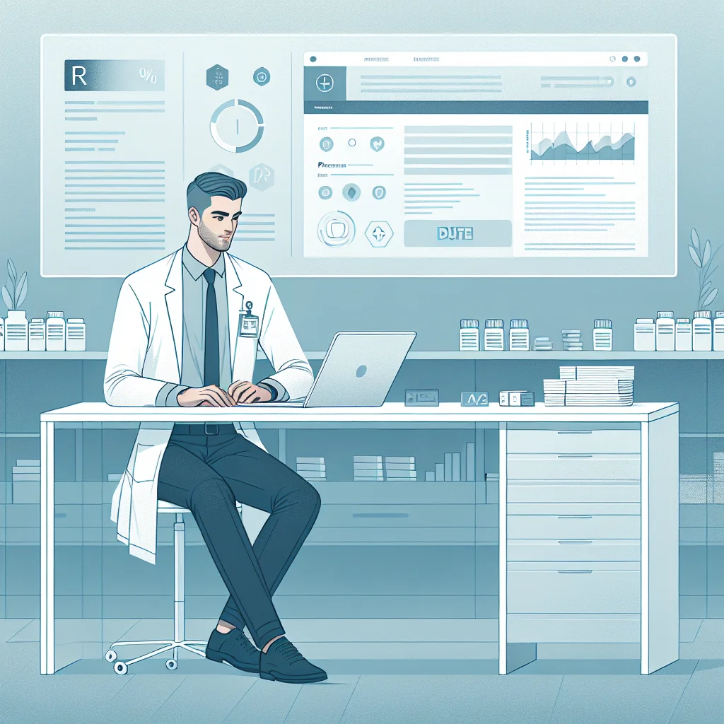 Pharmacist reviewing a resume at a desk with prescription bottles, a computer, and a KPI chart illustrating job-ready qualifications.