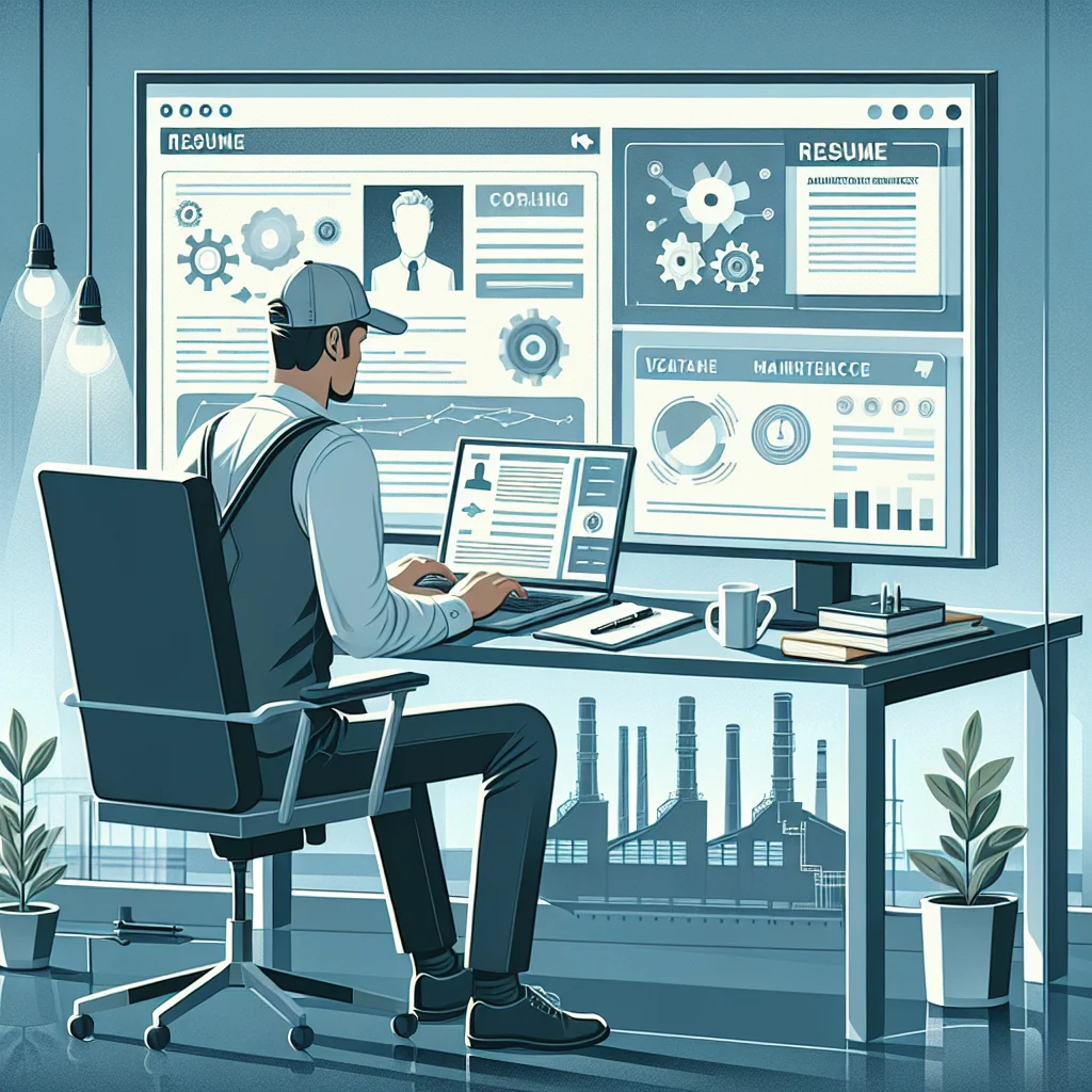 A maintenance engineer sits at a desk with a laptop, reviewing a resume alongside charts and gear icons, illustrating a data-driven career profile.