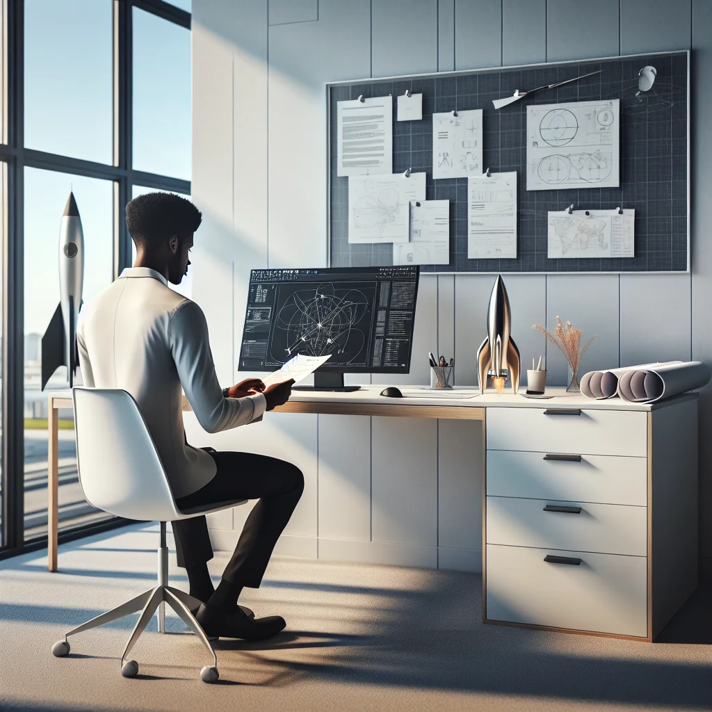 Professional aerospace engineer examining a resume on a tablet, with CAD models and flight testing graphs in the background
