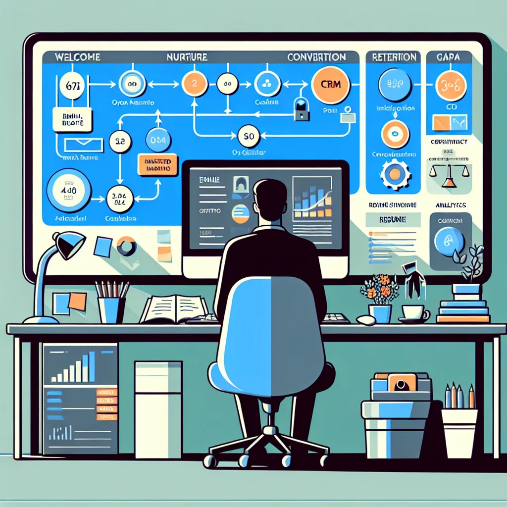 A professional drafting an email marketing automation strategy, showing flowcharts and analytics