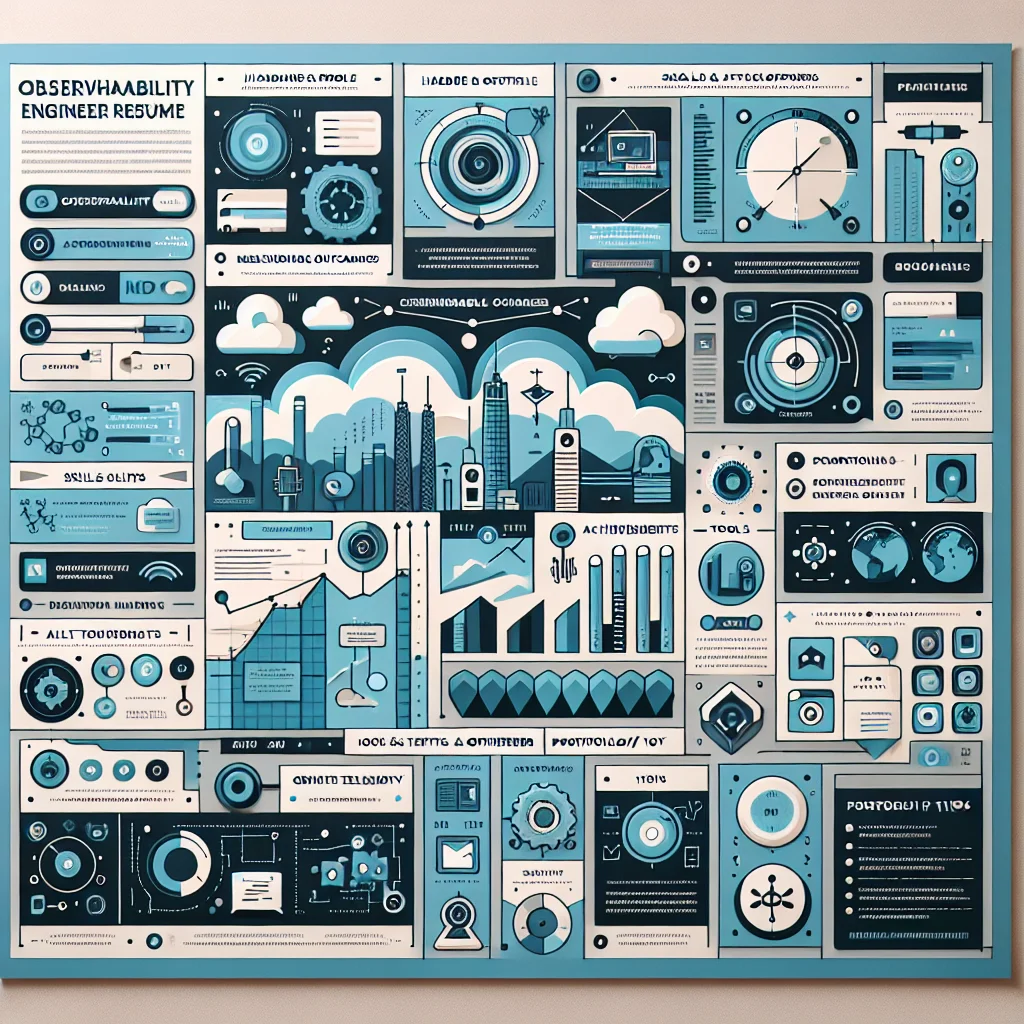 Infographic preview showing a resume structure for an Observability Engineer with headlines, summaries, and quantified achievements.