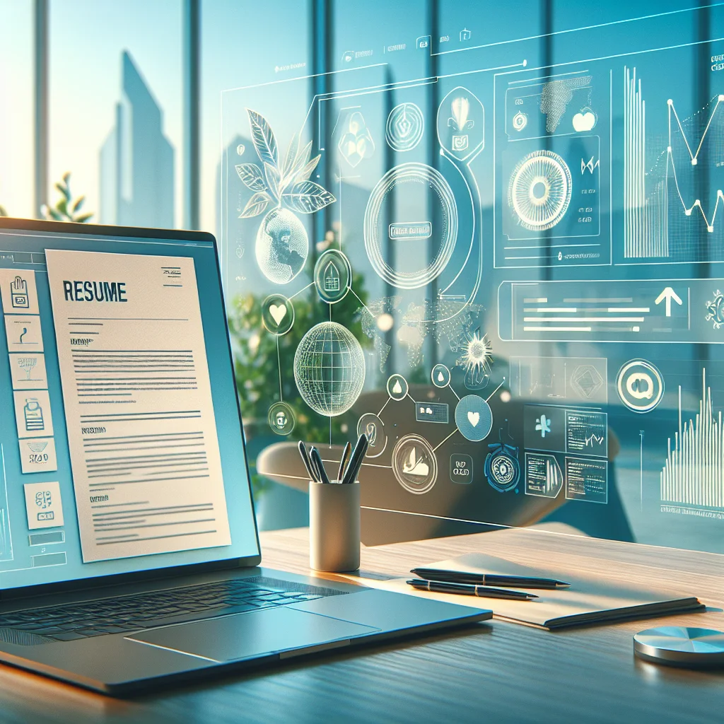 A professional ESG reporting specialist resume displayed on a laptop screen with GRI and TCFD logos and data charts