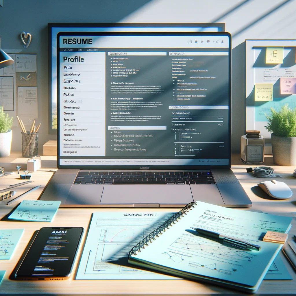 A creative workspace with a laptop showing a resume mockup, a second monitor displaying game design notes, and a portfolio on a phone.
