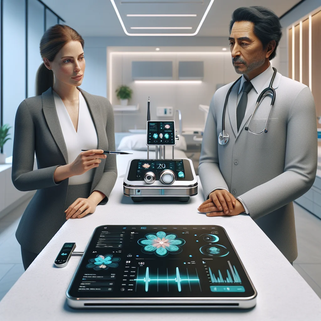 Medical sales representative demonstrating a device to a physician in a modern clinic, highlighting a professional interaction.