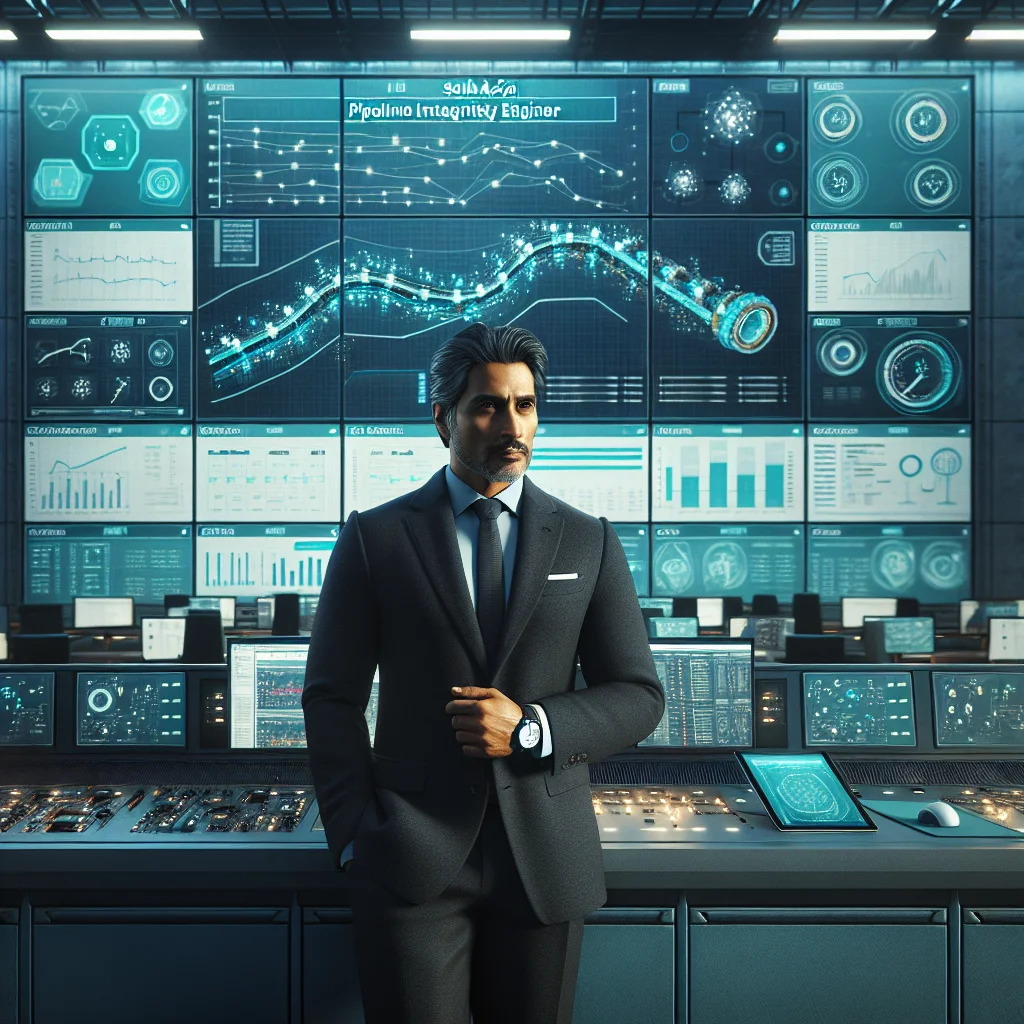 A pipeline integrity engineer analyzes inline inspection (ILI) data on a GIS map, identifying threats and corrosion risks for repairs.