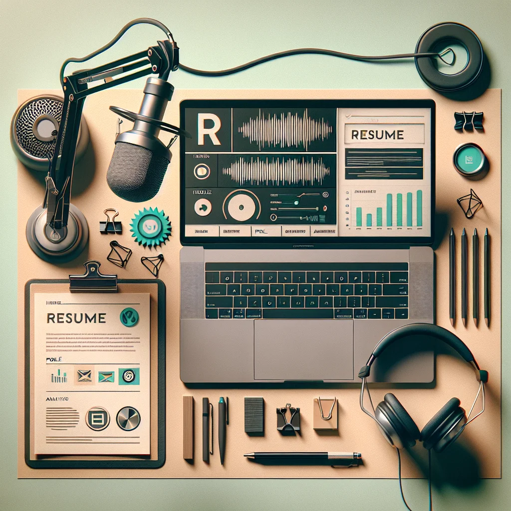 Professional podcaster workspace with a microphone, laptop, and analytics charts illustrating production success.