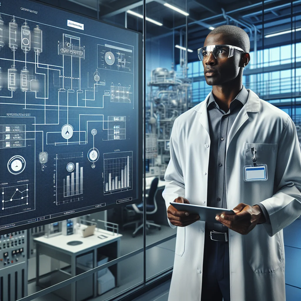 A process engineer reviews a process flow diagram on a screen for optimization and efficiency improvements