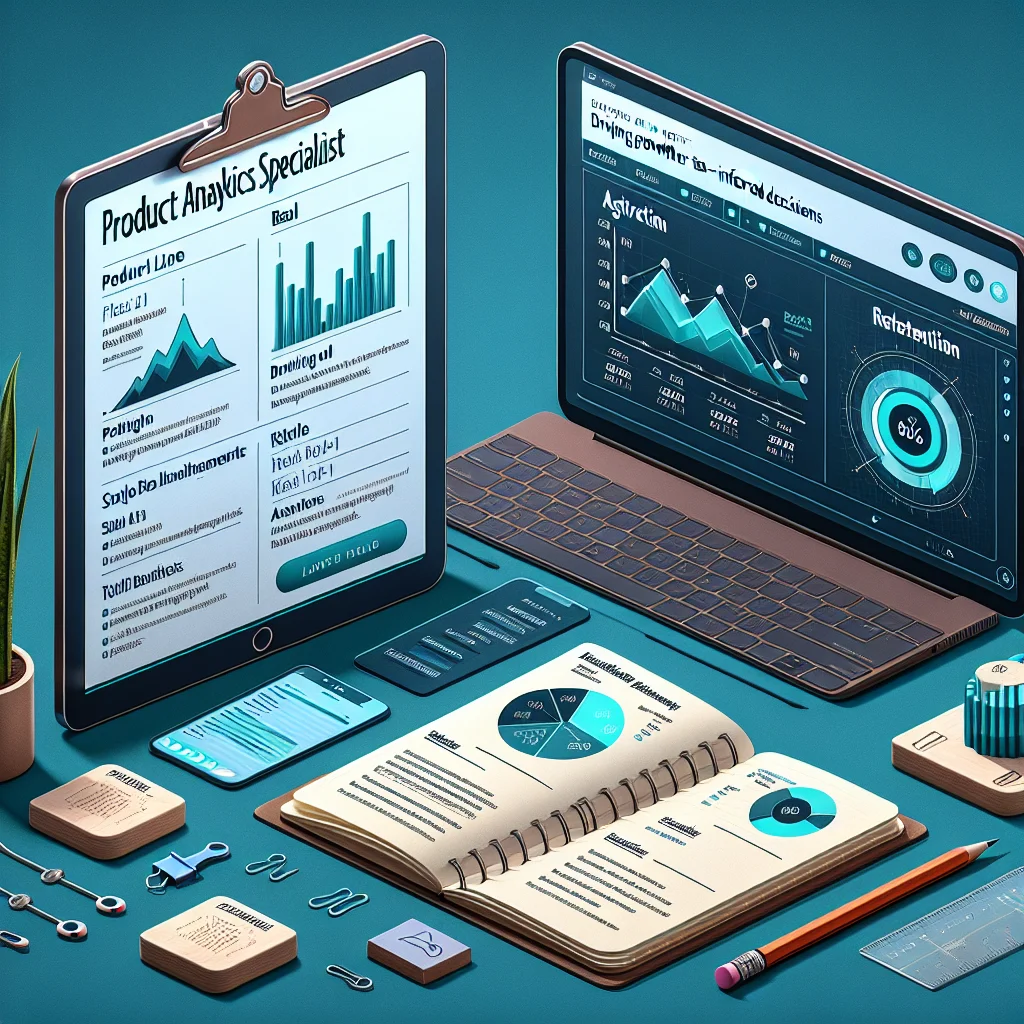 Illustration showing a product analyst resume with data charts and KPI highlights to emphasize metrics