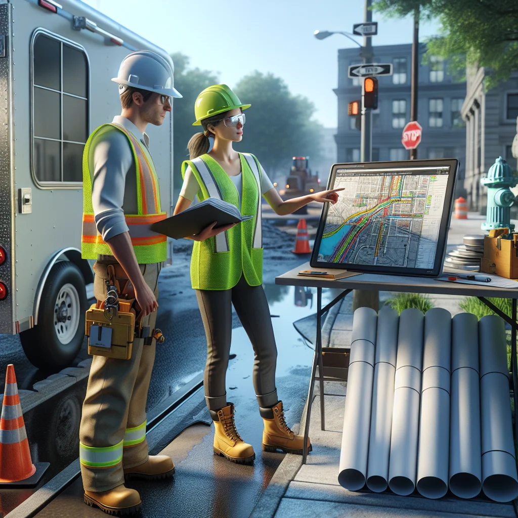 Public works engineer on-site reviewing municipal infrastructure plans with a team, highlighting fieldwork and collaboration.