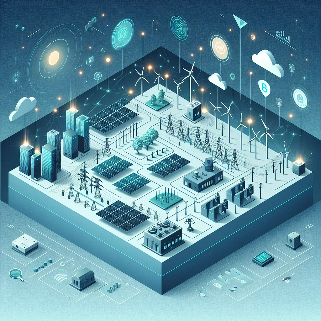 A visualization of grid modernization concepts showing smart grid elements, DER integration, and upgraded substations.