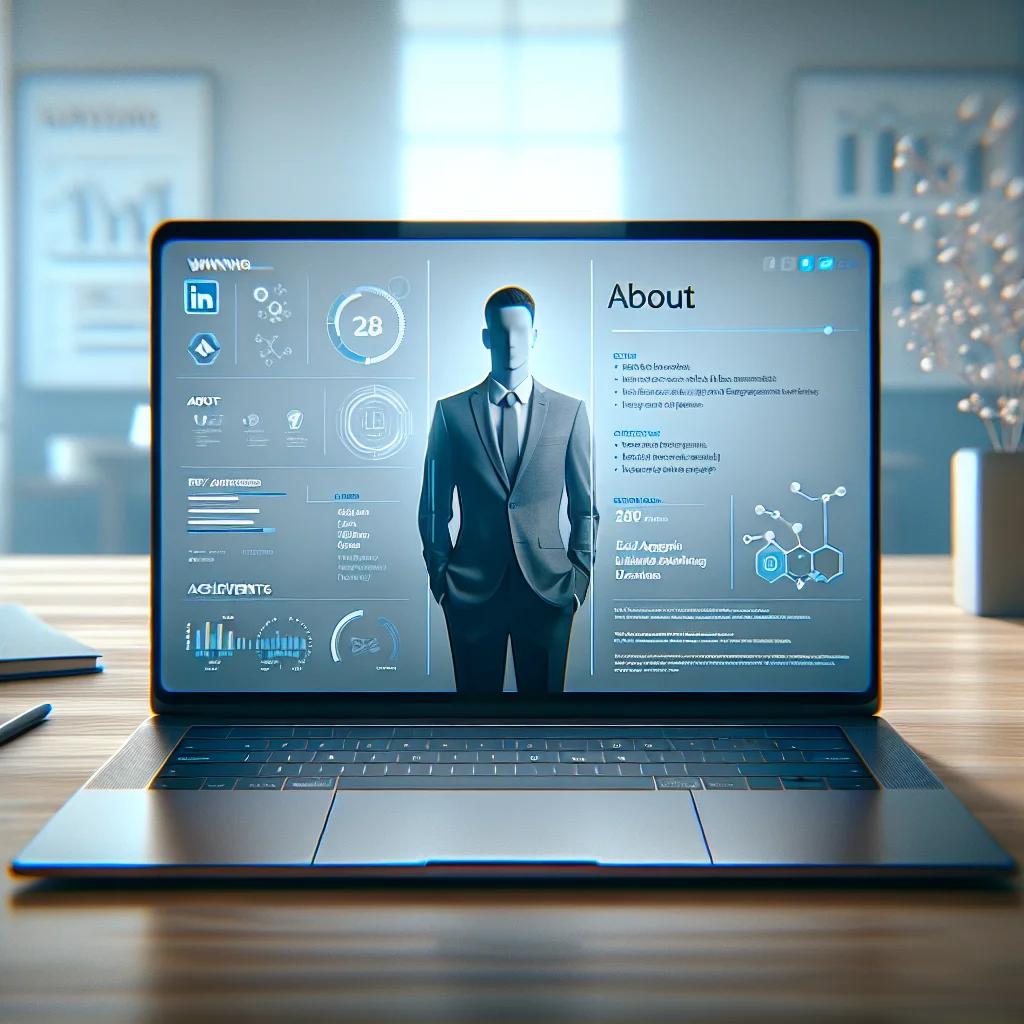 Professional LinkedIn content specialist resume mockup on a laptop screen showing headline, summary, and achievements