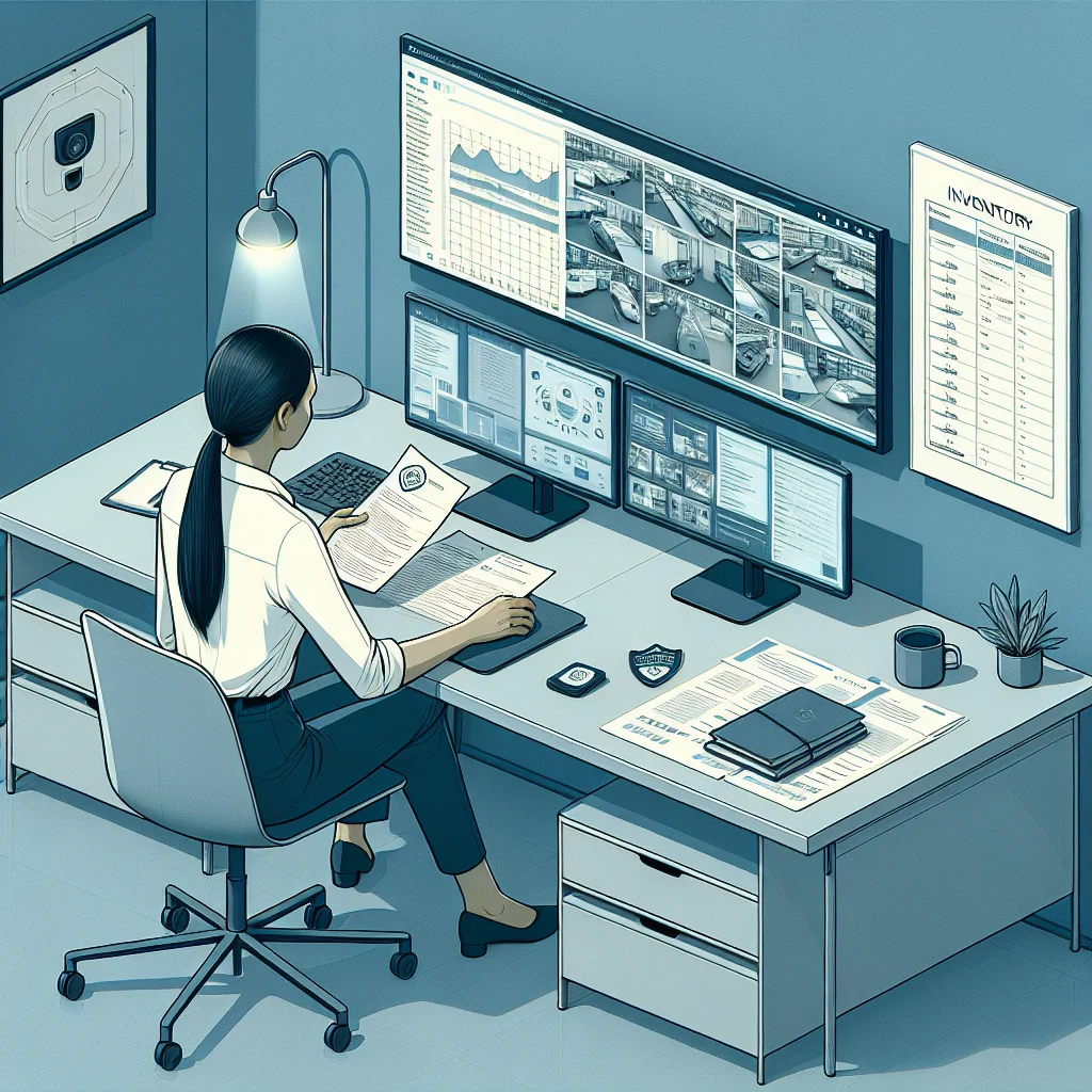 Professional scene of a loss prevention analyst reviewing a resume near CCTV monitors and inventory charts.