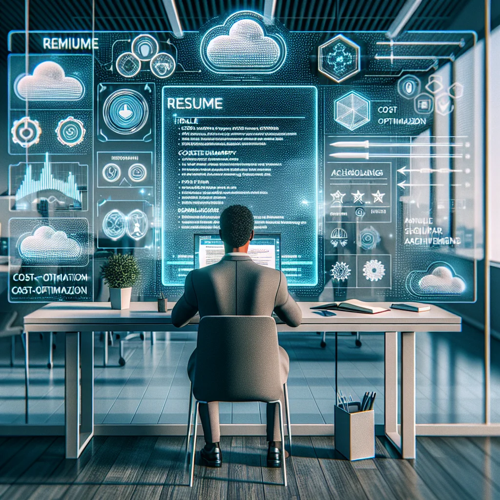A professional cloud architect reviewing a resume on a laptop with cloud diagrams and cost charts